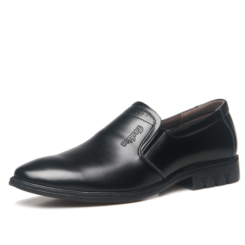 Men Cowhide Leather Pointed Toe Soft Bottom Slip on Business Casual Dress Shoes - MRSLM