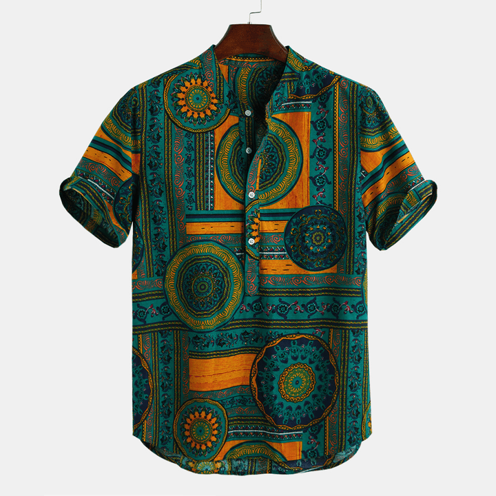 Mens Ethnic Style Printed Breathable Summer Henley Shirts - MRSLM
