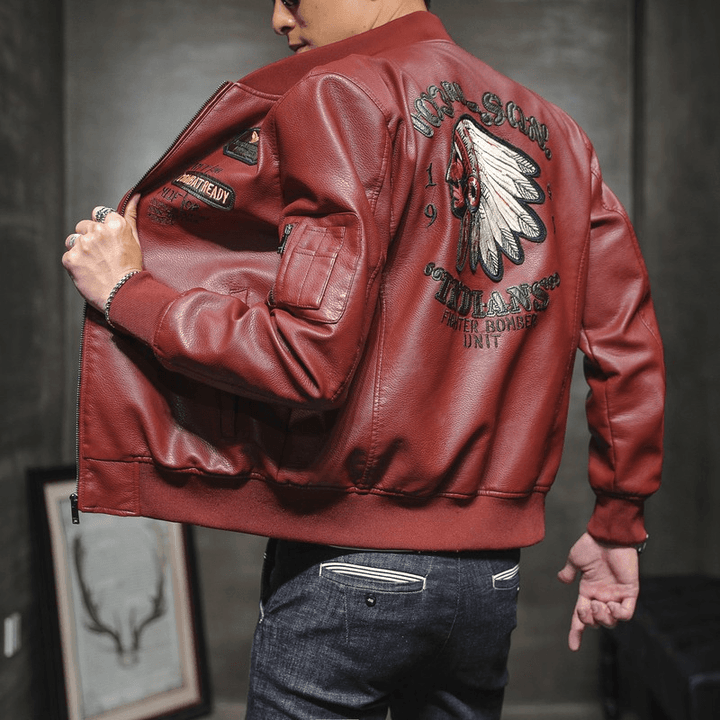 Men'S PU Leather Baseball Collar Embroidered Motorcycle Jacket - MRSLM