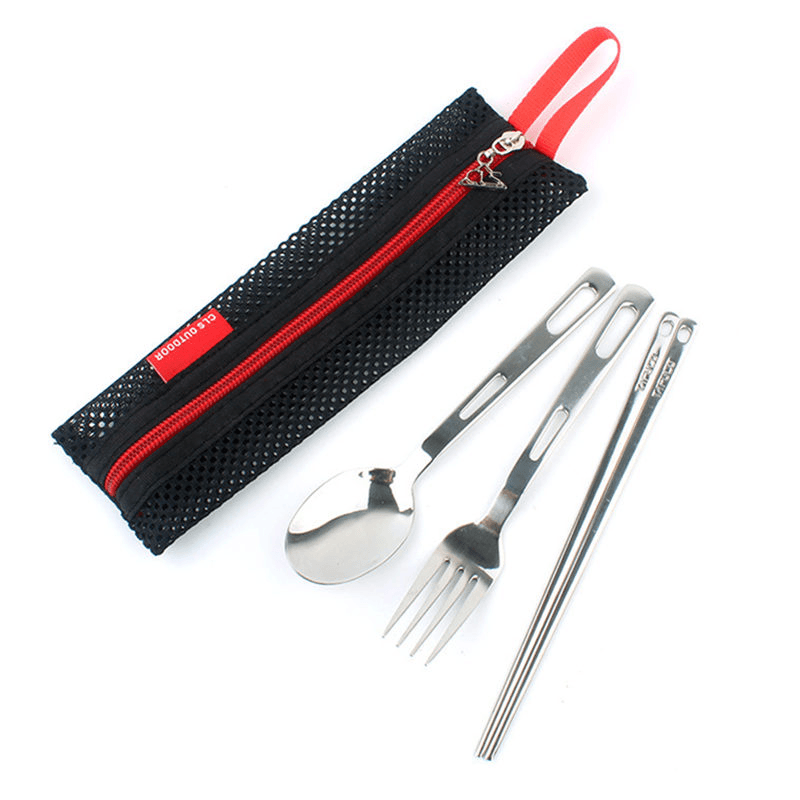 3Pcs Portable Outdoor Camping Picnic Set Stainless Steel Fork Spoon Chopsticks with Tableware Bag - MRSLM