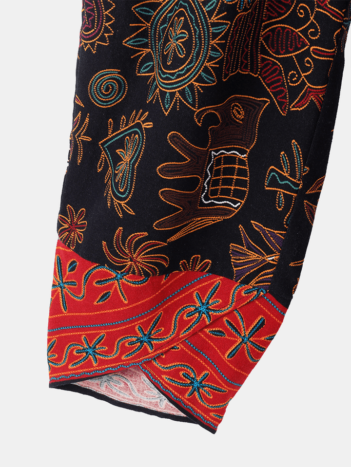 Women Ethnic Pattern Irregular Cuff Elastic Waist Pants with Pocket - MRSLM