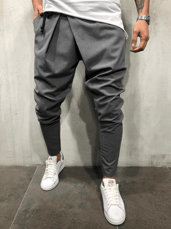 Men's Casual Pants with Drawstring Waist and Asymmetrical Hem - MRSLM