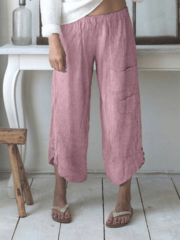 Stripe Elastic Waist Button Pocket Casual Pants - MRSLM
