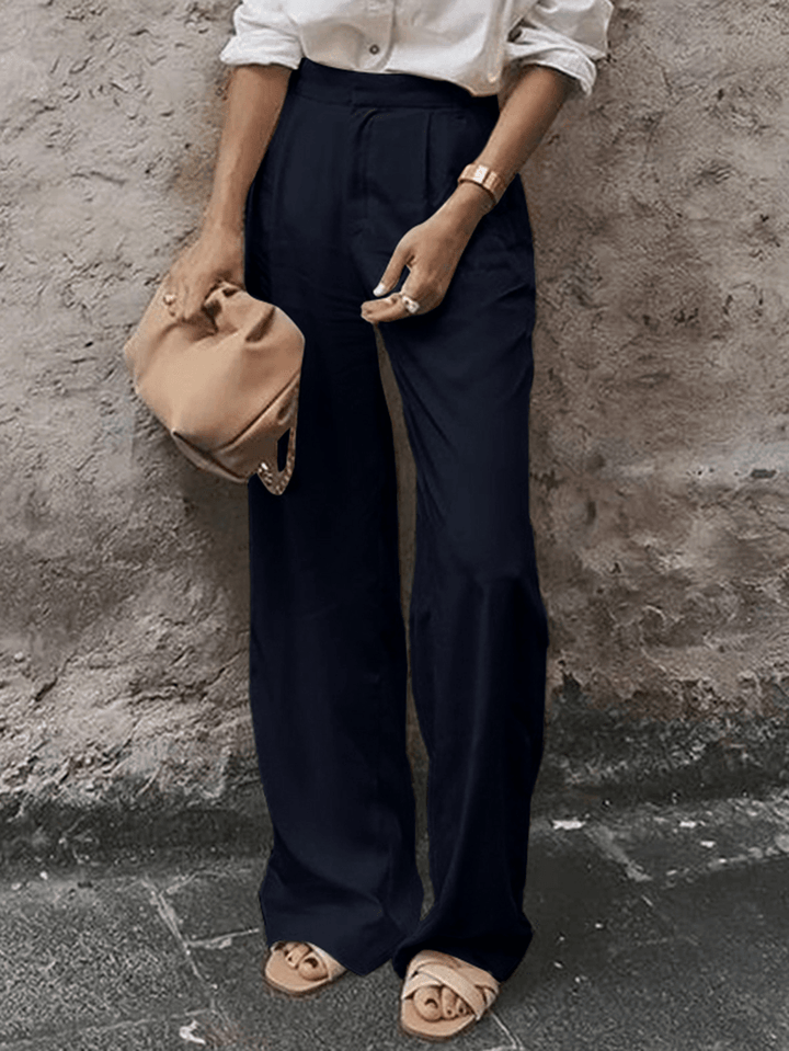 Women High Waist Wide Leg Simple Solid Elegant Casual Long Style Suit Trousers - MRSLM