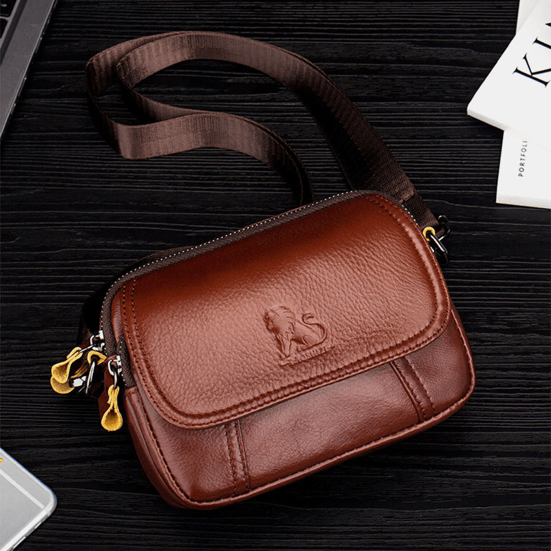 Men Genuine Leather Retro 7.5 Inch Phone Bag Cross Body Bag Waist Bag with Belt Loop - MRSLM