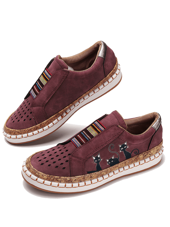Women Large Size Cat Printing Hollow Out Elastic Band Casual Flats - MRSLM