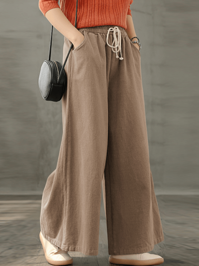 Women Vintage Drawstring Waist Loose Casual Wide Leg Pants with Pockets - MRSLM