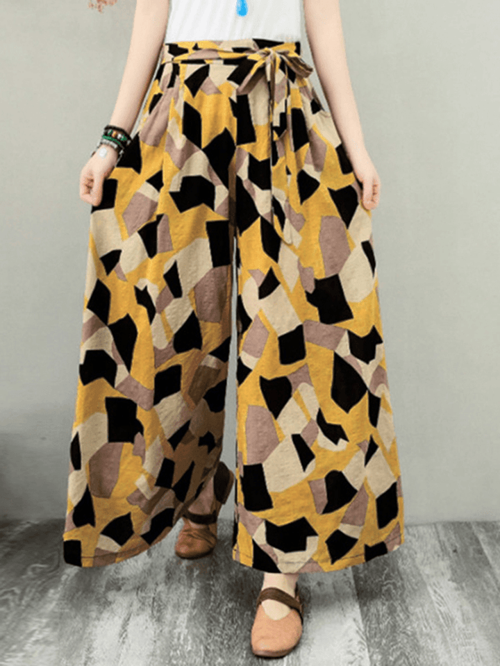 Wide-Legged Women Geometric Print Elastic Waist Side Pockets Pants - MRSLM