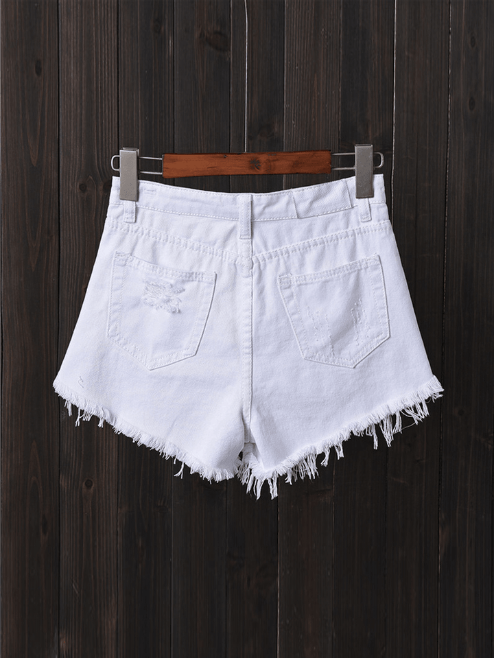 Women Button up Pocket Loose Hollow Ripped Denim Shorts - MRSLM