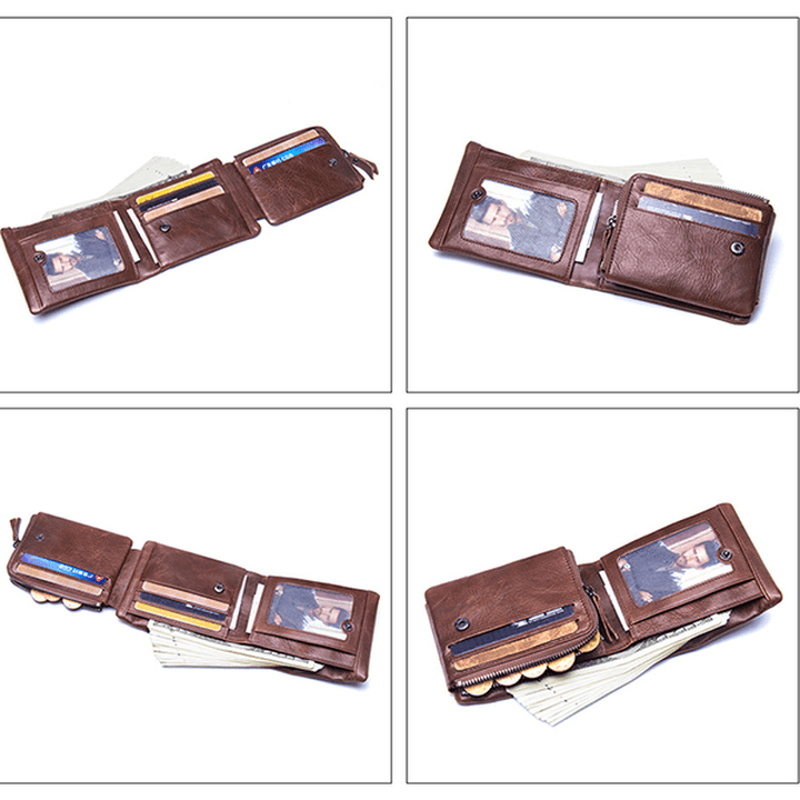 Men Genuine Leather Multifunctional Large Capacity Coin Bag 10 Card Slots Trifold Wallet - MRSLM