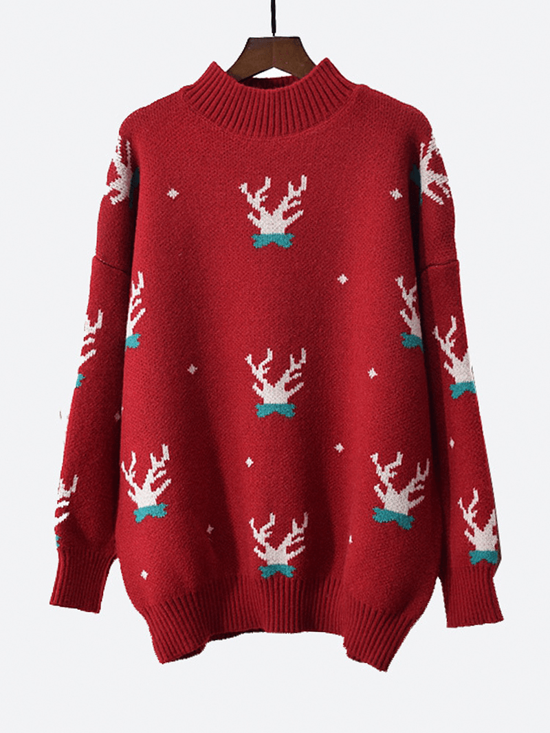 Women Rib-Knit Christmas Antlers Pattern Drop Shoulder Pullover Sweaters - MRSLM