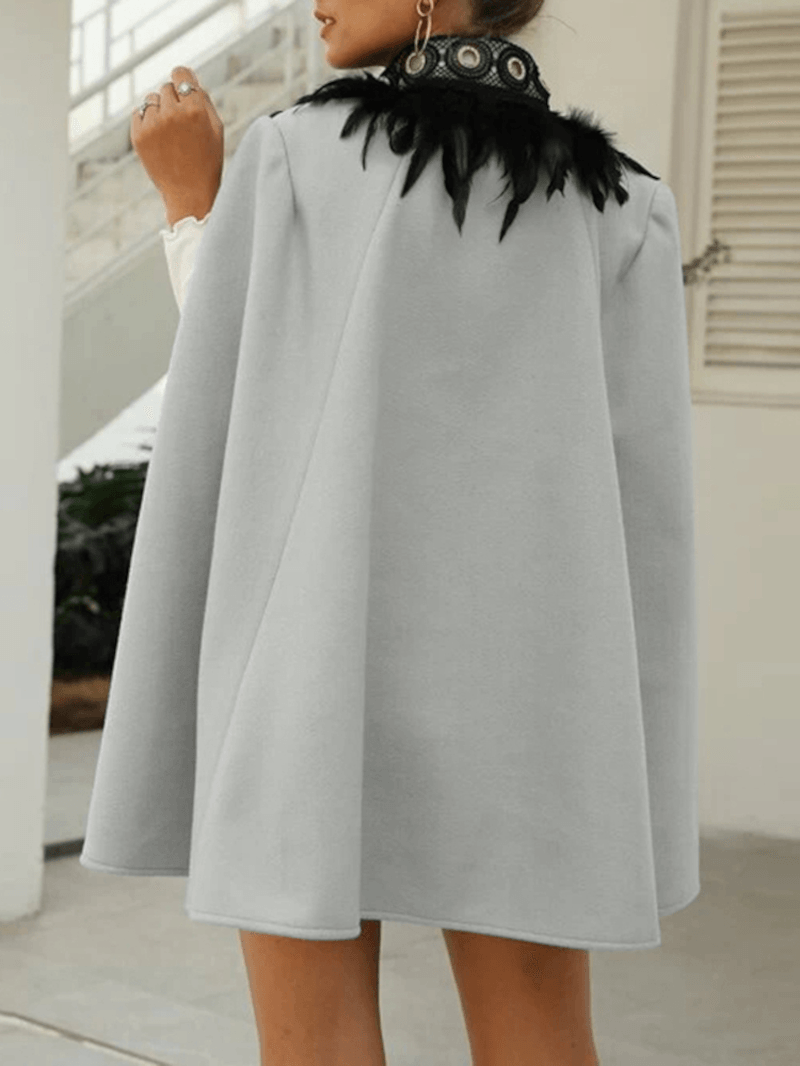 Women Feather Tweed Contrast Color Sleeveless Knee Length Cape Coats - MRSLM
