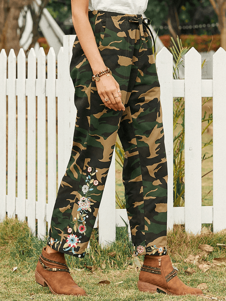 Women Camouflage Floral Print Drawstring Mid Waist Casual Pants with Pocket - MRSLM