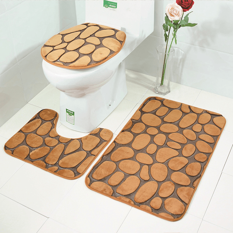 3Pcs 3D Stone Printed Bathroom Mats Set Toilet Carpets Coral Fleece Lid Toilet Seat Cover Pedestal Rug Shower Pad - MRSLM