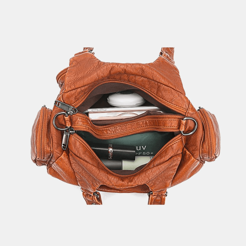 Women PU Leather Large Capacity Multi-Pocket Rivet Decoration Retro Soft Tote Handbags Crossbody Bags - MRSLM