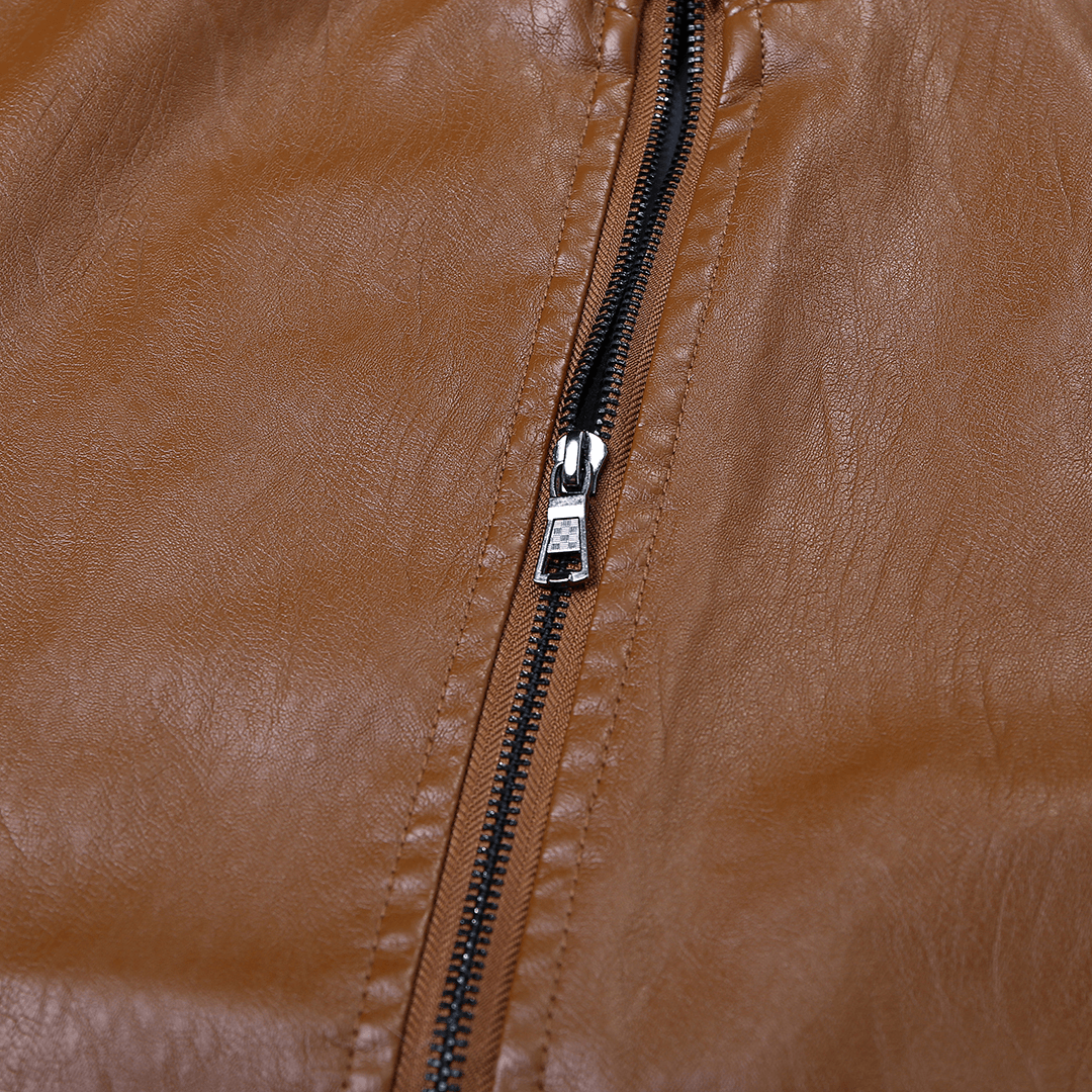 Mens PU Vintage Stand Collar Zipper Thick Casual Jacket - MRSLM
