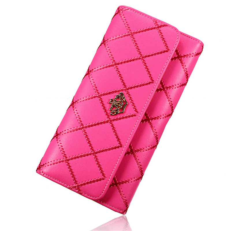 Women Quilted Crown Long Wallet Girls Candy Color Purse Card Holder Coin Bags - MRSLM