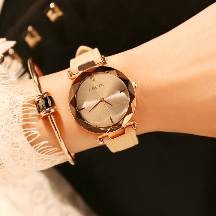 LSVTR Casual Fashion Diamond Pattern Dial Rhinestone PU Leather Strap Women Wristwatch Quartz Watch - MRSLM