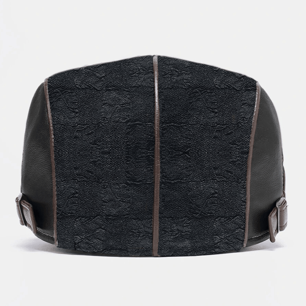 Collrown Men Pleated PU Leather Stitches Splicing Adjustable Casual Beret Flat Cap - MRSLM