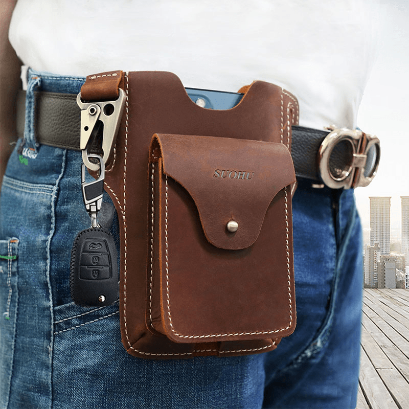 Men Genuine Leather Multifunction Keychain Sport Waist Bag Retro 6.5 Inch Phone Bag Waterproof Belt Bag - MRSLM