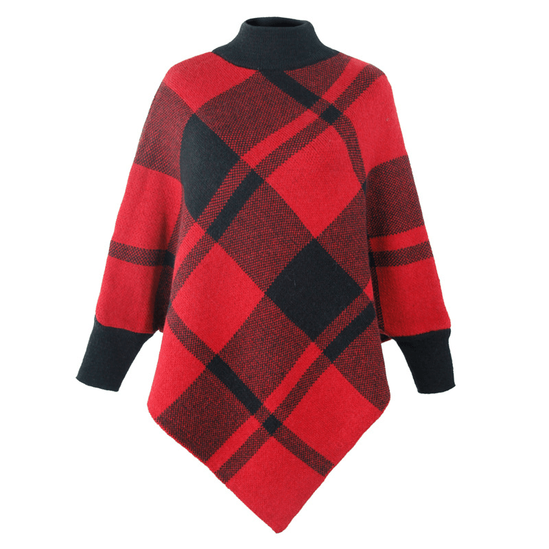 Color Block Check Cape Bat Sleeve Pullover Knit Shawl - MRSLM