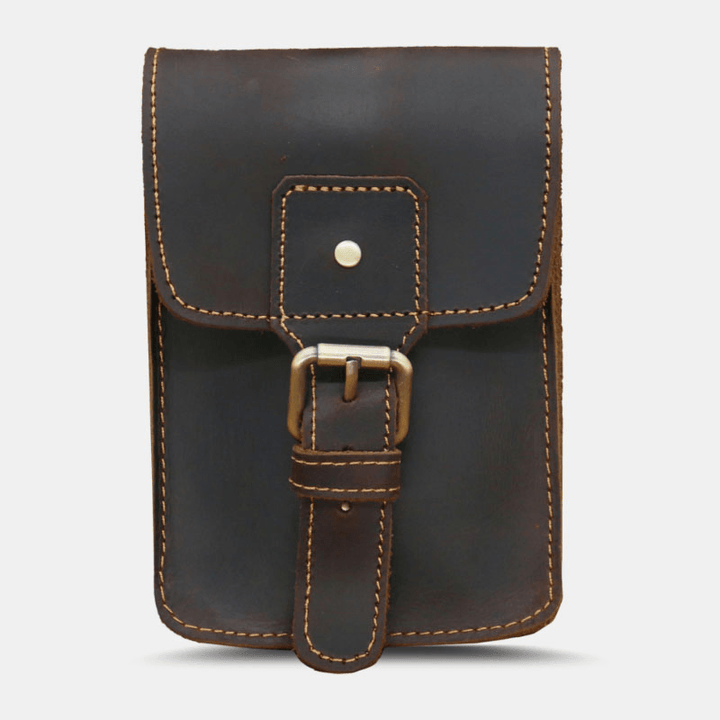 Men Retro Wear-Resistant First Layer Cowhide Waist Bag Large Capacity Card Holder Belt Bag 6.5 Inch Phone Bag with Hook - MRSLM
