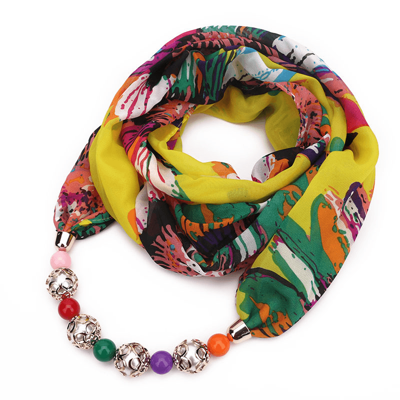 Print Alloy Pendant Scarf Beaded Pendant Scarfprinted Chiffon Necklace - MRSLM