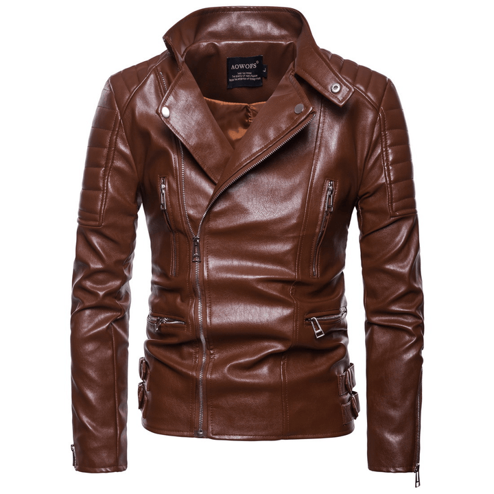 Lapel Zip Cardigan Fitted Leather Jacket - MRSLM