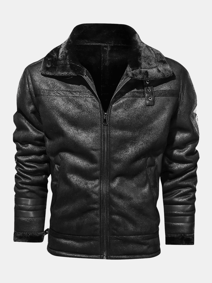 Mens Faux Fur Badge Zip Front Lapel Collar Relaxed Fit Thicken Jackets - MRSLM