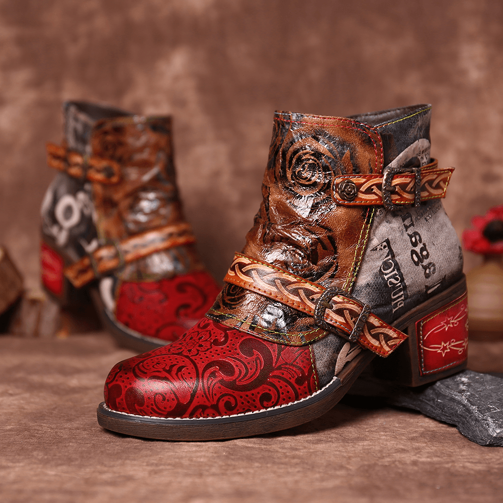 Women Embossed Rose Genuine Leather Splicing Boots - MRSLM