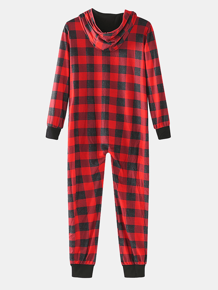 Mens Classical Plaid Print Front Pocket Long Sleeve Zipper Hooded Jumpsuit Home One-Piece Pajamas - MRSLM
