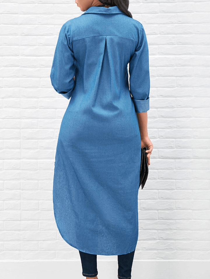 Long Sleeve Solid Color High-Low Hem Denim Shirt Dress - MRSLM