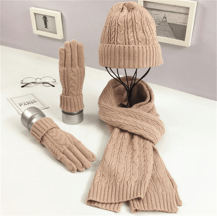 Fashion Solid Color Twist Warm Hat Scarf Glove Set - MRSLM