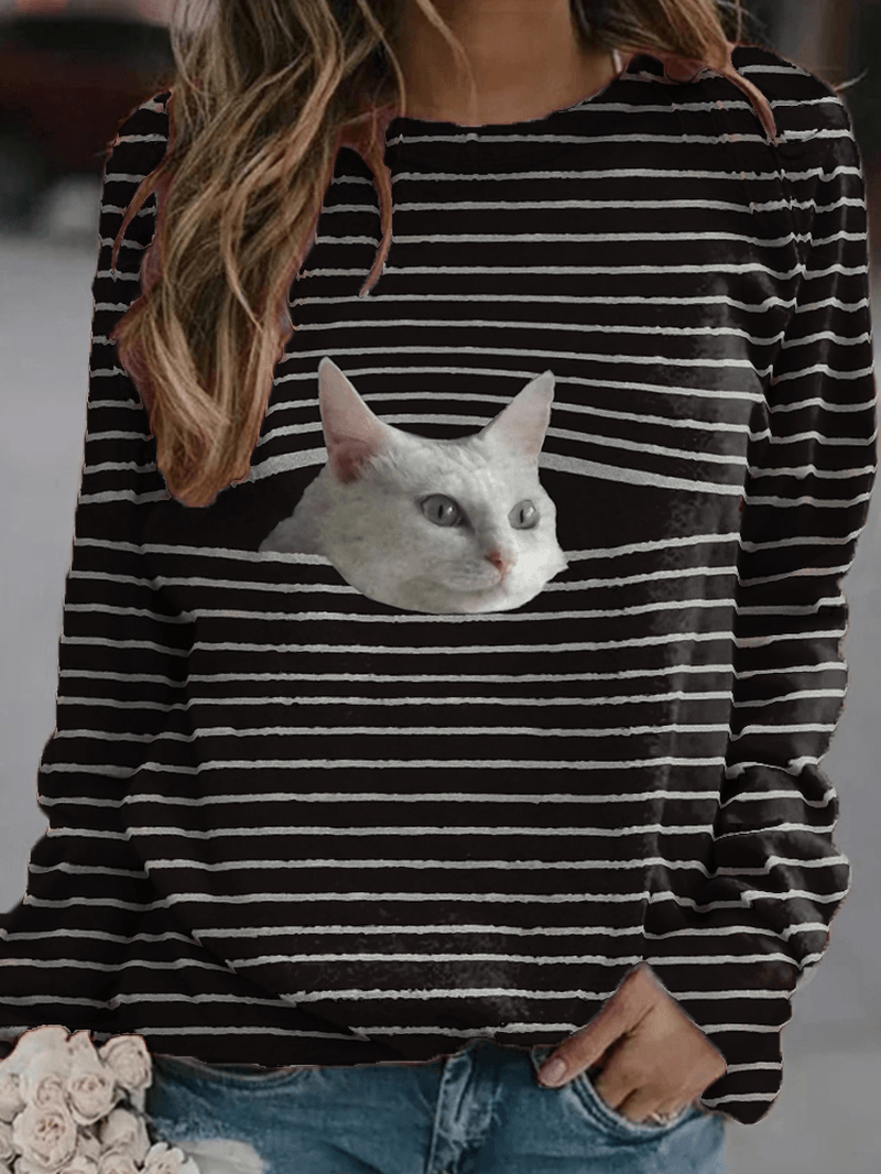 Women Stripe Cat Print Pullover Black Casual Sweatshirts - MRSLM