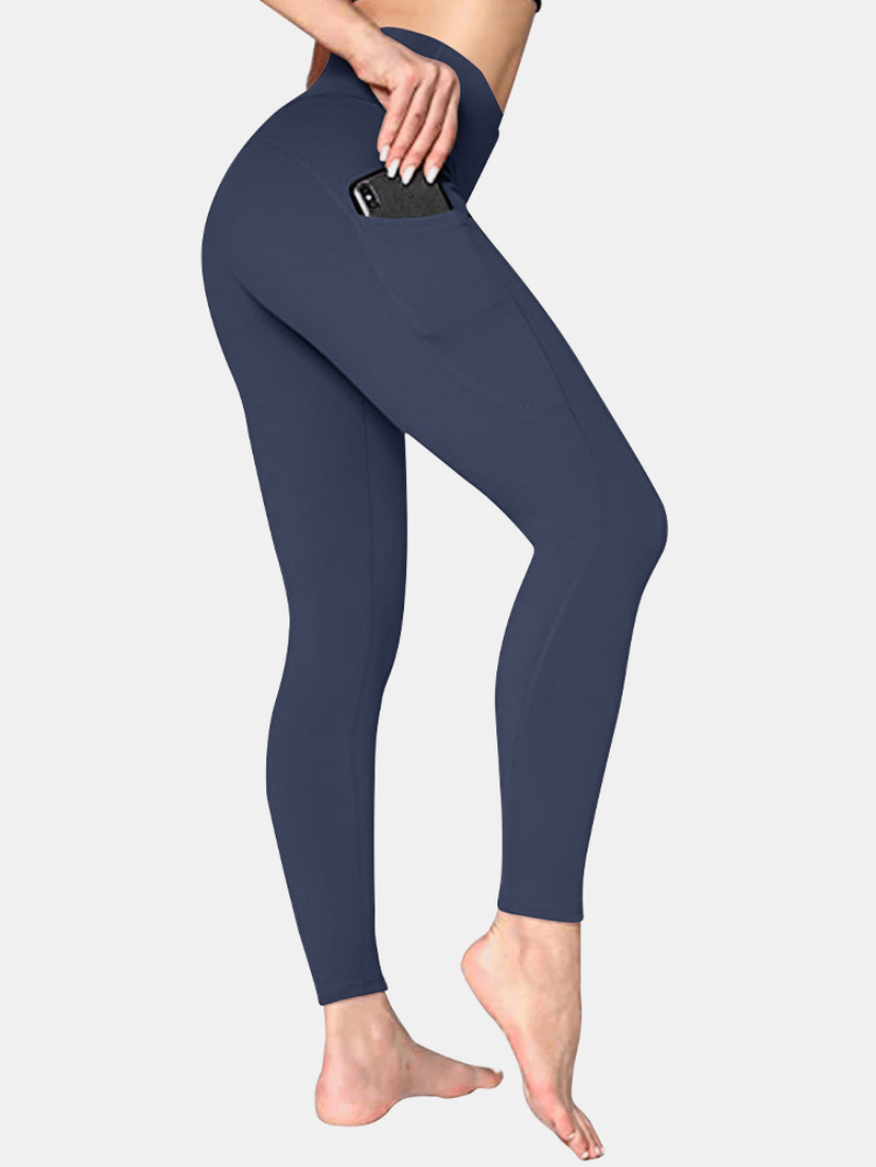 Women Solid Color Side Pocket Hip Lift Sport Yoga Legging - MRSLM