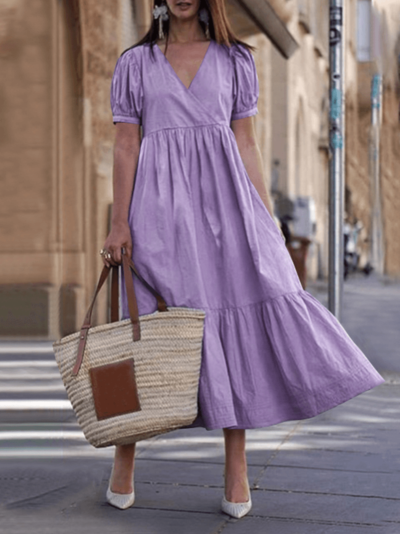 Women Cotton V-Neck Puff Sleeve Holiday Pleated Stitching Maxi Dress - MRSLM