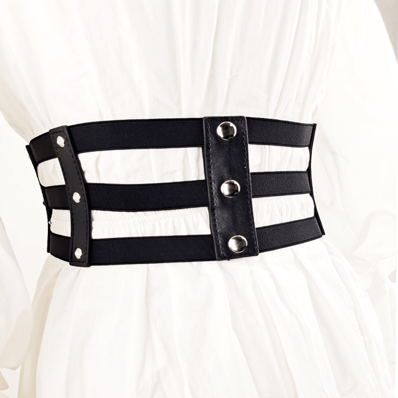 Women'S Super Wide Belt Hollow Rivet Decorated Elastic Waist - MRSLM