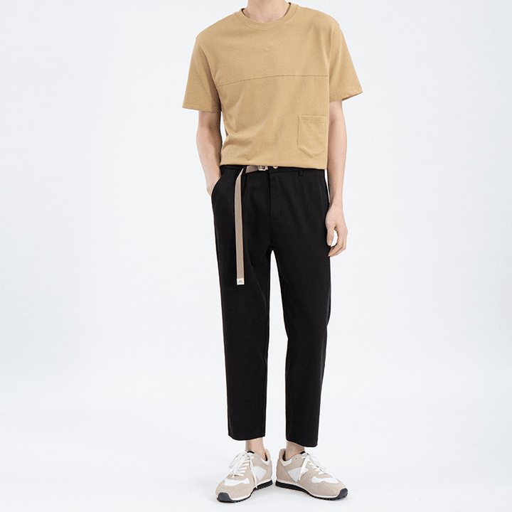 Spring and Summer Silk Cropped Trousers Men'S Belt Pure Color Elastic Waist Slim Straight Casual Pants - MRSLM