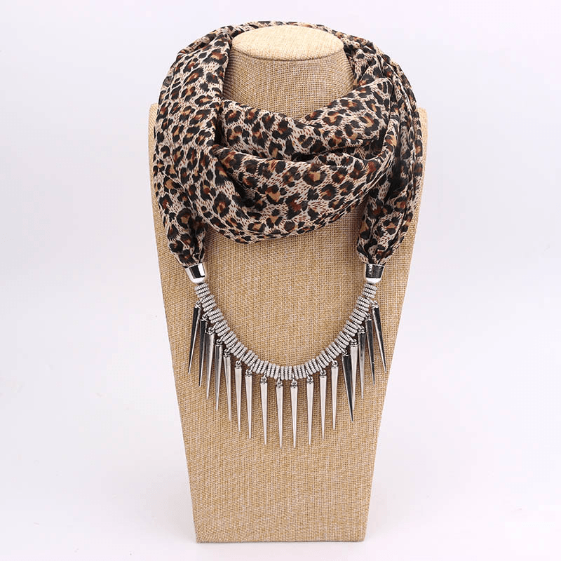 Print Alloy Pendant Scarf Beaded Pendant Scarfprinted Chiffon Necklace - MRSLM