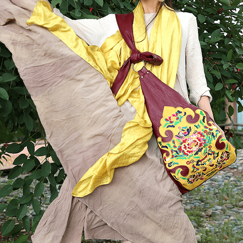 National Style Flower Pattern Soft Leather Shoulder Bag - MRSLM