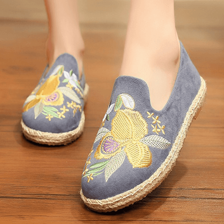 Women Handmade Embroidery Straw Comfy Lightweight Casual Flat Loafers - MRSLM