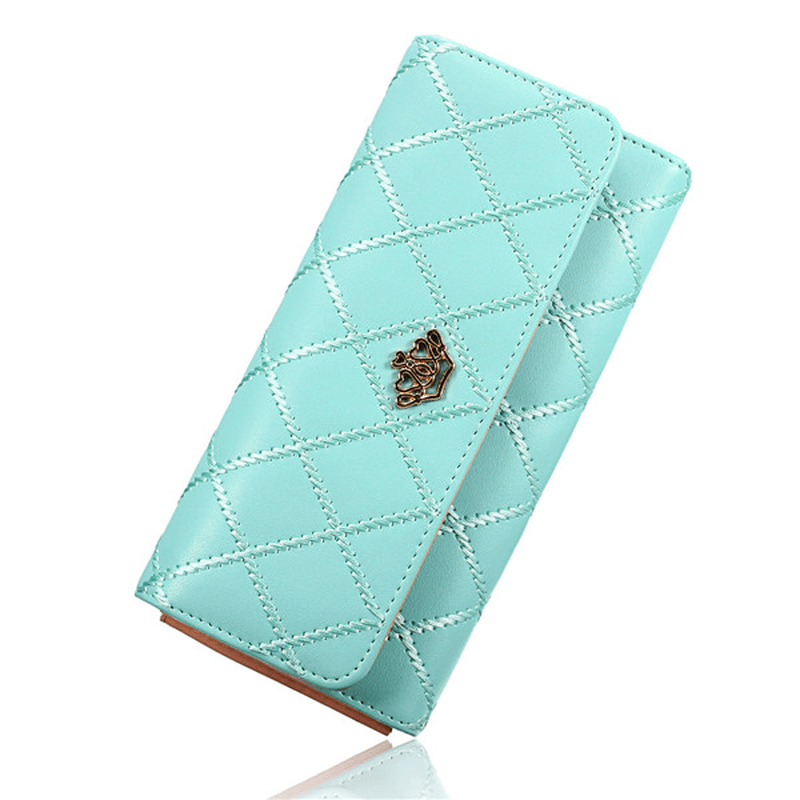 Women Quilted Crown Long Wallet Girls Candy Color Purse Card Holder Coin Bags - MRSLM