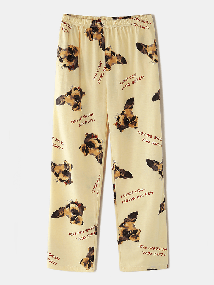 Women Dog Pattern Slogan Print Long Sleeve Pocket Home Long Sleeve Cotton Pajama Set - MRSLM