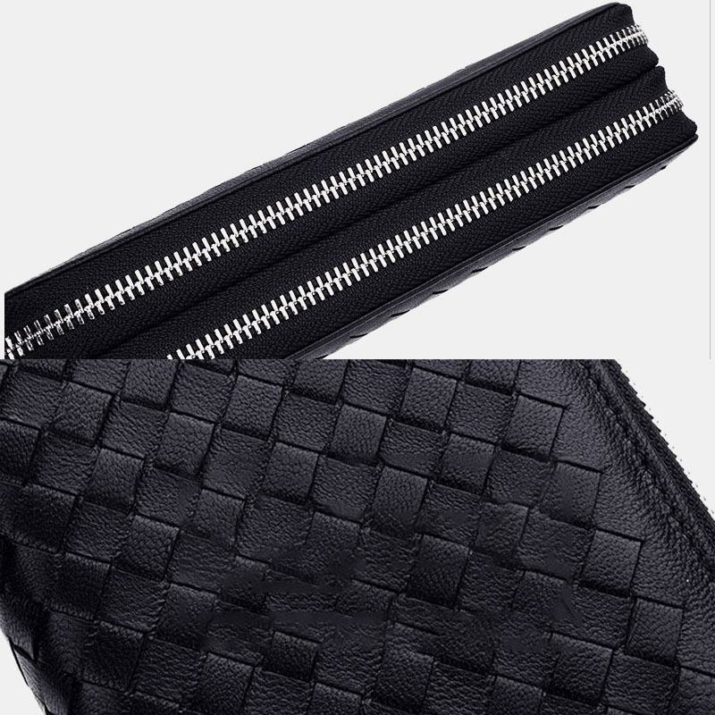 Men Women Large-Capacity Long Wallet RFID Lambskin Genuine Leather Double Zipper Woven Wallet - MRSLM