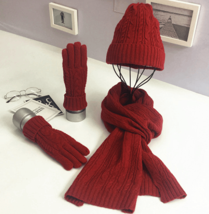 Fashion Solid Color Twist Warm Hat Scarf Glove Set - MRSLM