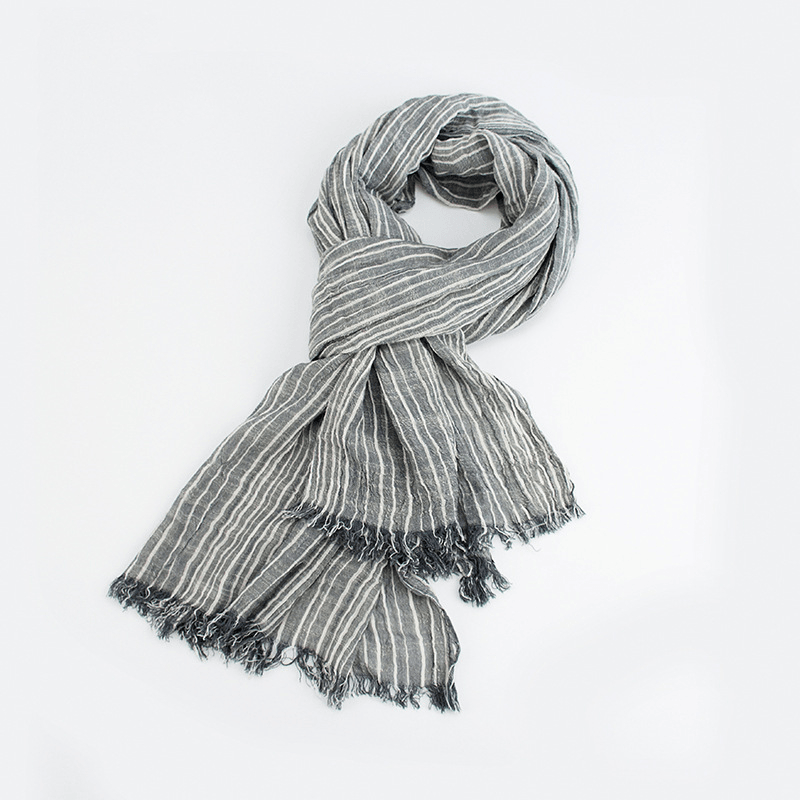 Cotton and Linen Scarf Japanese Literary Style Striped Fringed Drape - MRSLM