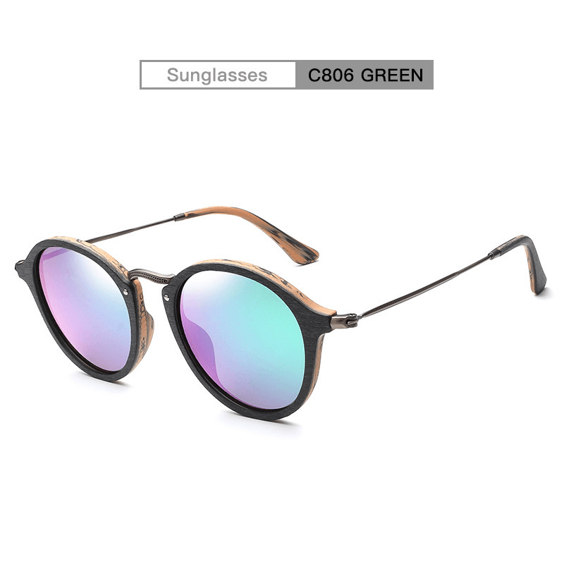 Men'S and Women'S Small Frame Plate Imitation Wood Grain round Frame Sunglasses - MRSLM