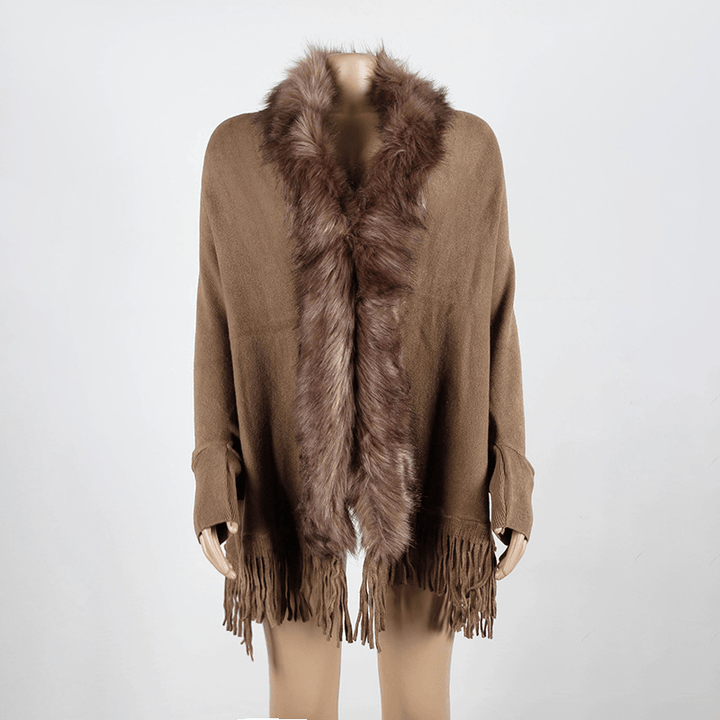 Autumn and Winter Fringed Cloak Shawl Fur Collar Solid Color Cardigan - MRSLM