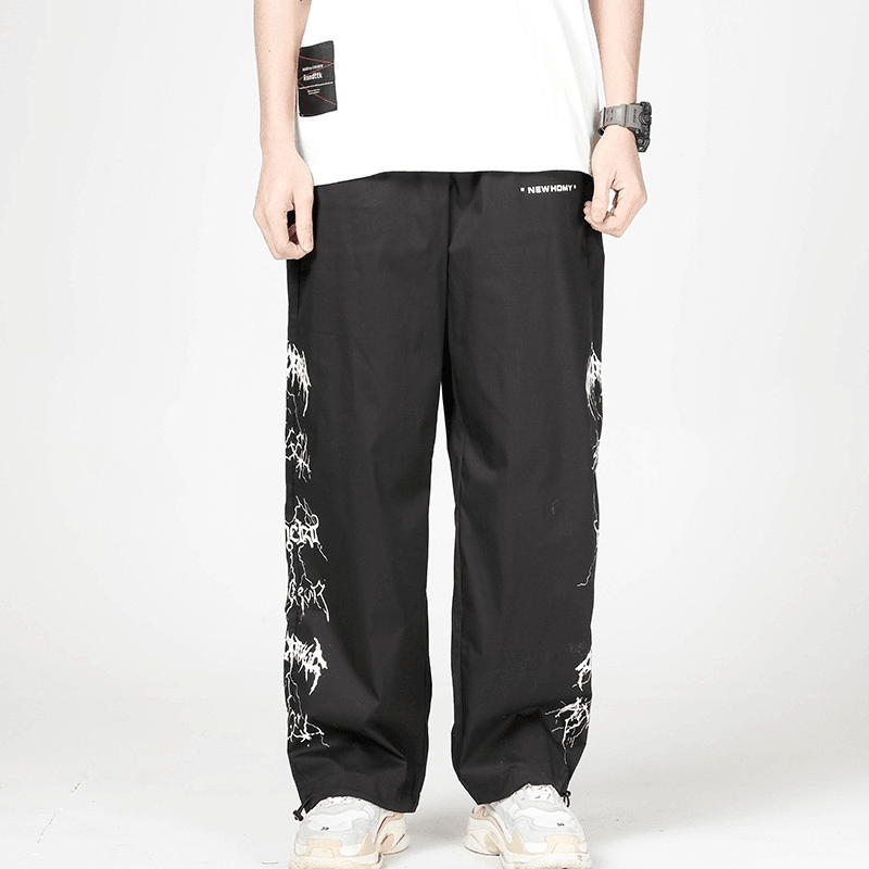 Japanese Street Print Straight Trousers Men'S Drawstring Elastic Waist Drawstring Wide-Leg Pants - MRSLM