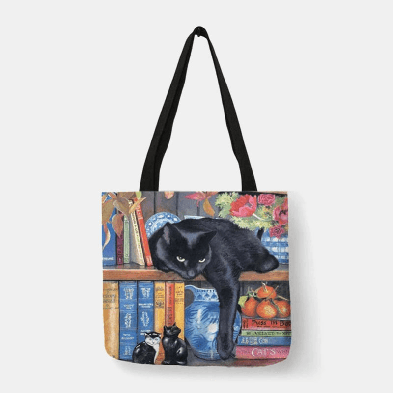 Women Canvas Cute Cartoon Oil Painting Cats Printing Waterproof Shopping Bag Shoulder Bag Handbag - MRSLM